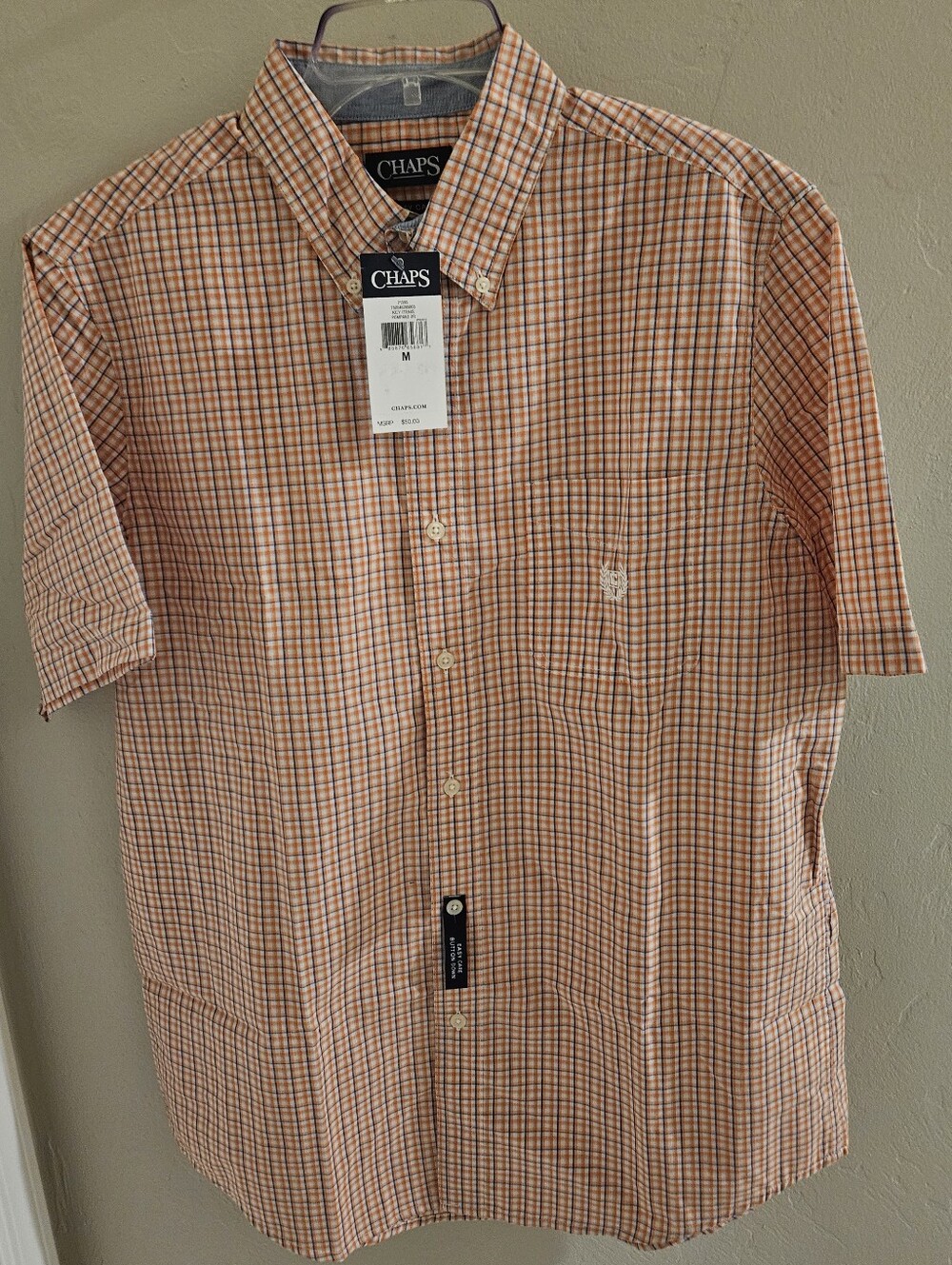Vintage Chaps Plaid Orange Blue Short-Sleeve Button-Down Shirt Easy Care Med NWT